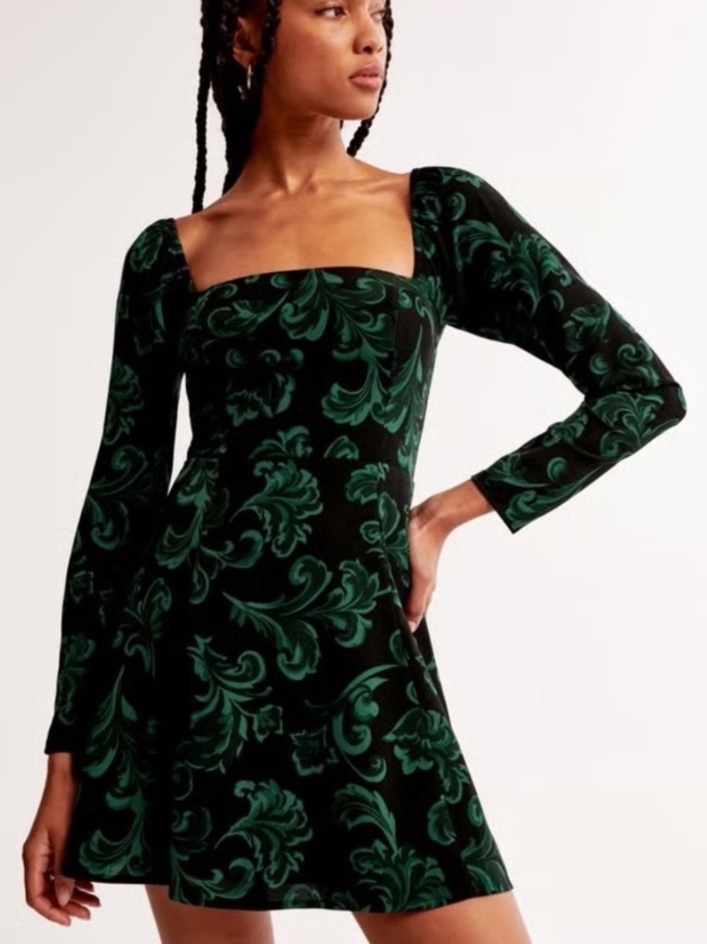 Abercrombie & Fitch Women M Black Green Print Long Sleeve Crepe Mini Dress NWOT